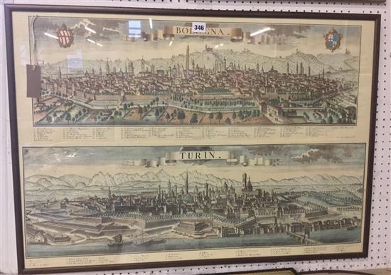 Two coloured engravings, Bologna and Turin (framed together)